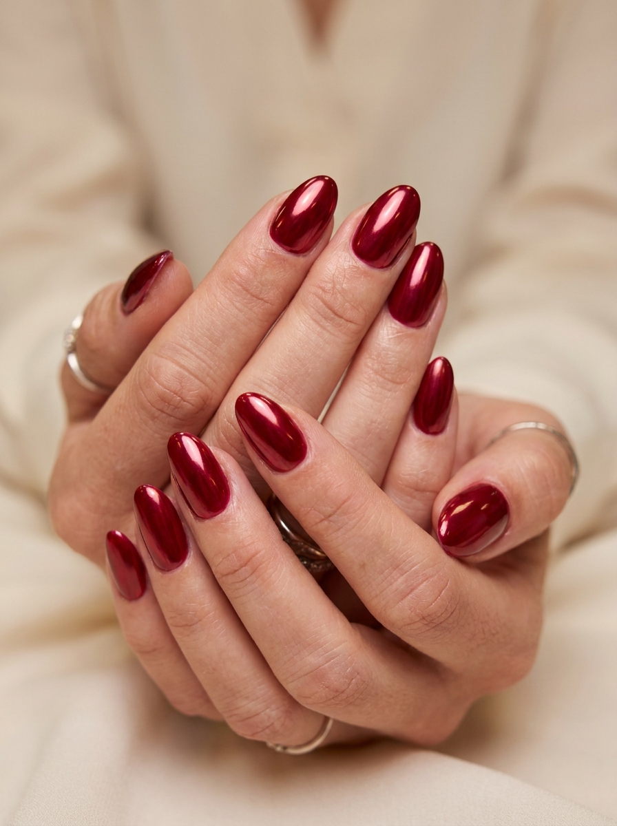 Rubinrote Spiegelnägel mit reflektierendem Chrome-Look